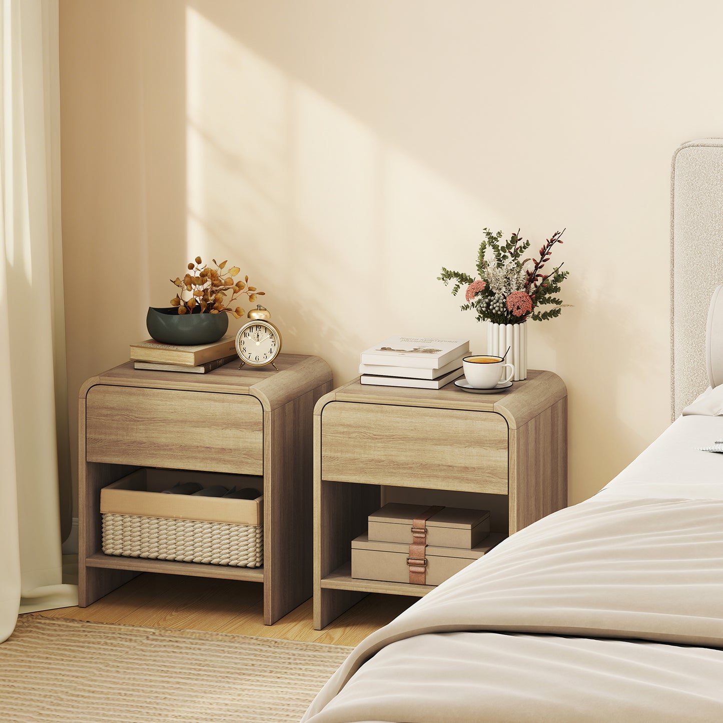 Bedside Tables Set of 2, Nightstands with Rounded Corners, Modern Side Table with Silent Drawer for Bedroom, Natural