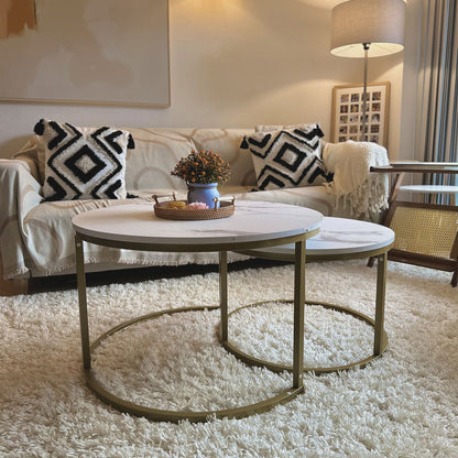 Coffee Table Set of 2, Round Nest of Tables with Metal Frame, Modern Side Tables for Living Room, White