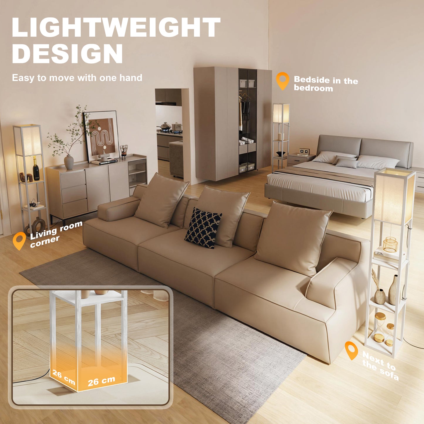 3-Tier Floor Lamp with Shelves and Storage, Modern Corner Standing Lamp with Lampshade, Foot Switch for Living Room, Bedroom