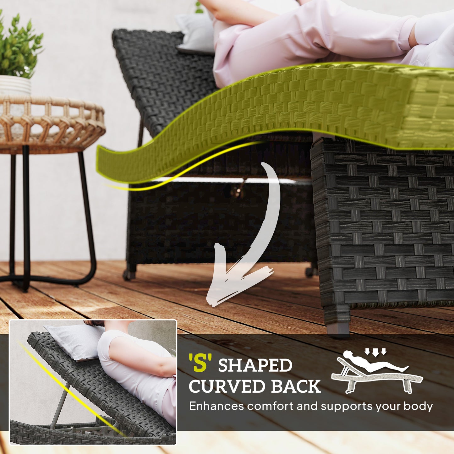 Outdoor PE Rattan Sun Lounger, Folding Wicker Garden Lounger Recliner with 4-Level Adjustable Backrest