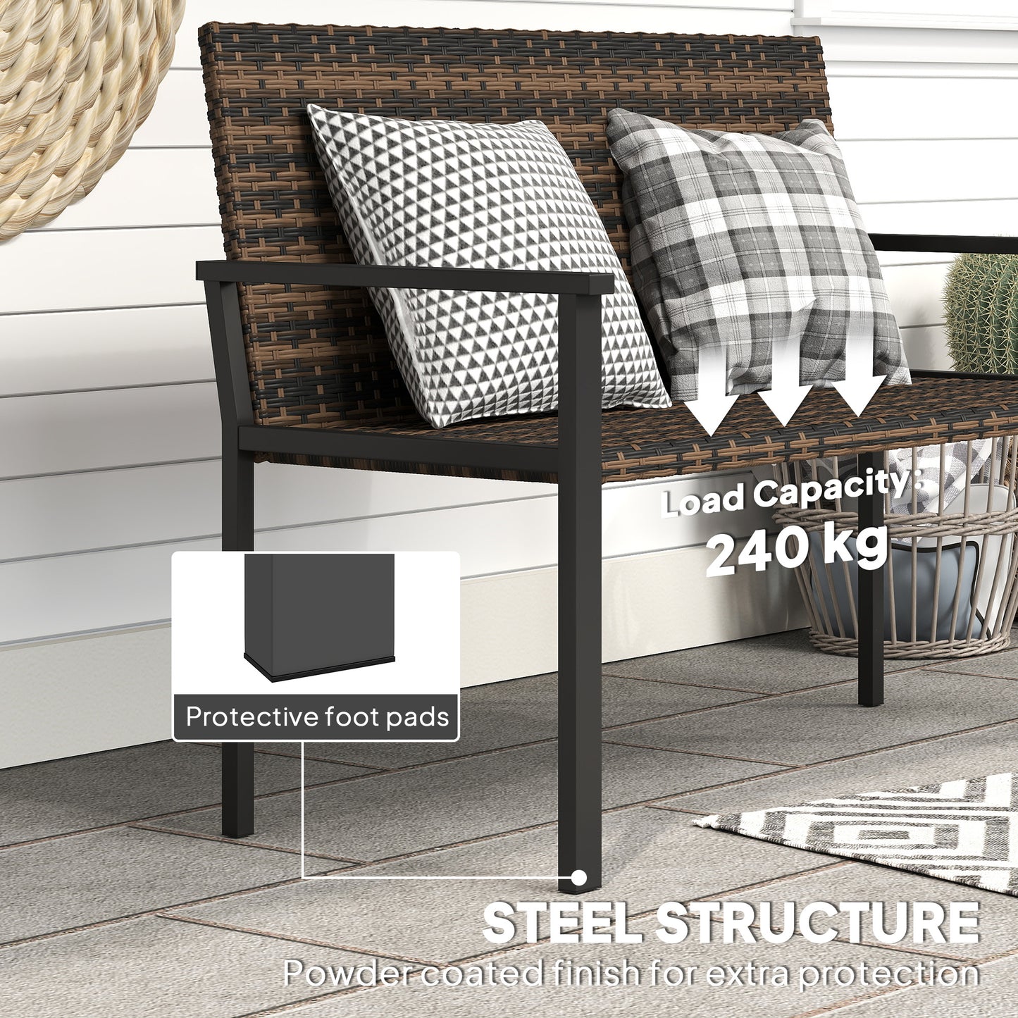 2 Seater Rattan Garden Bench, Outdoor Bench with Quick-Drying Cotton Padding, Wicker Garden Loveseat with Armrests