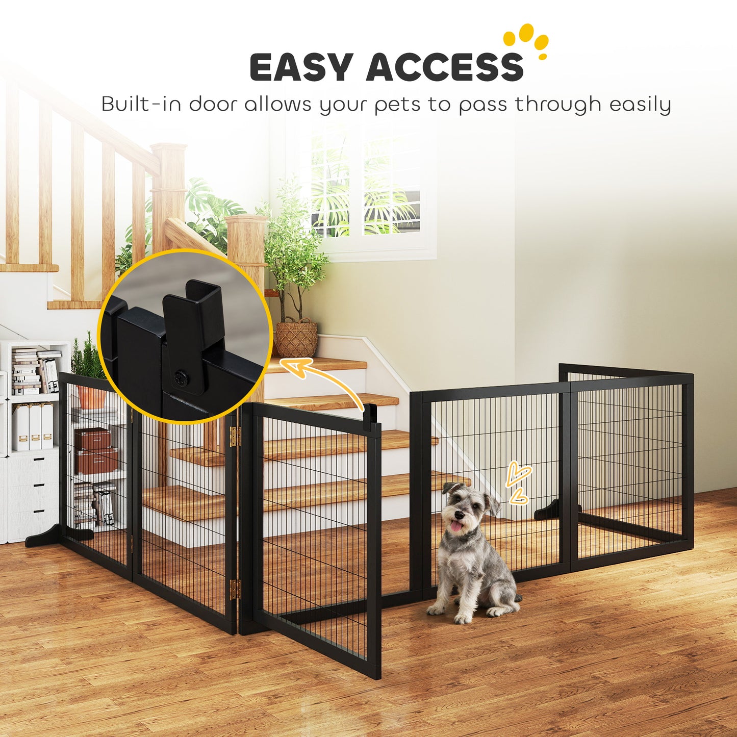 Wooden Pet Gate, Freestanding Dog Security Barrier with Two Support Feet - Black