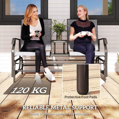 2 Seats Garden Glider Bench, Metal Frame Loveseat with Glass Top Centre Table, Porch Rocking Glider for 2 Person, for Deck