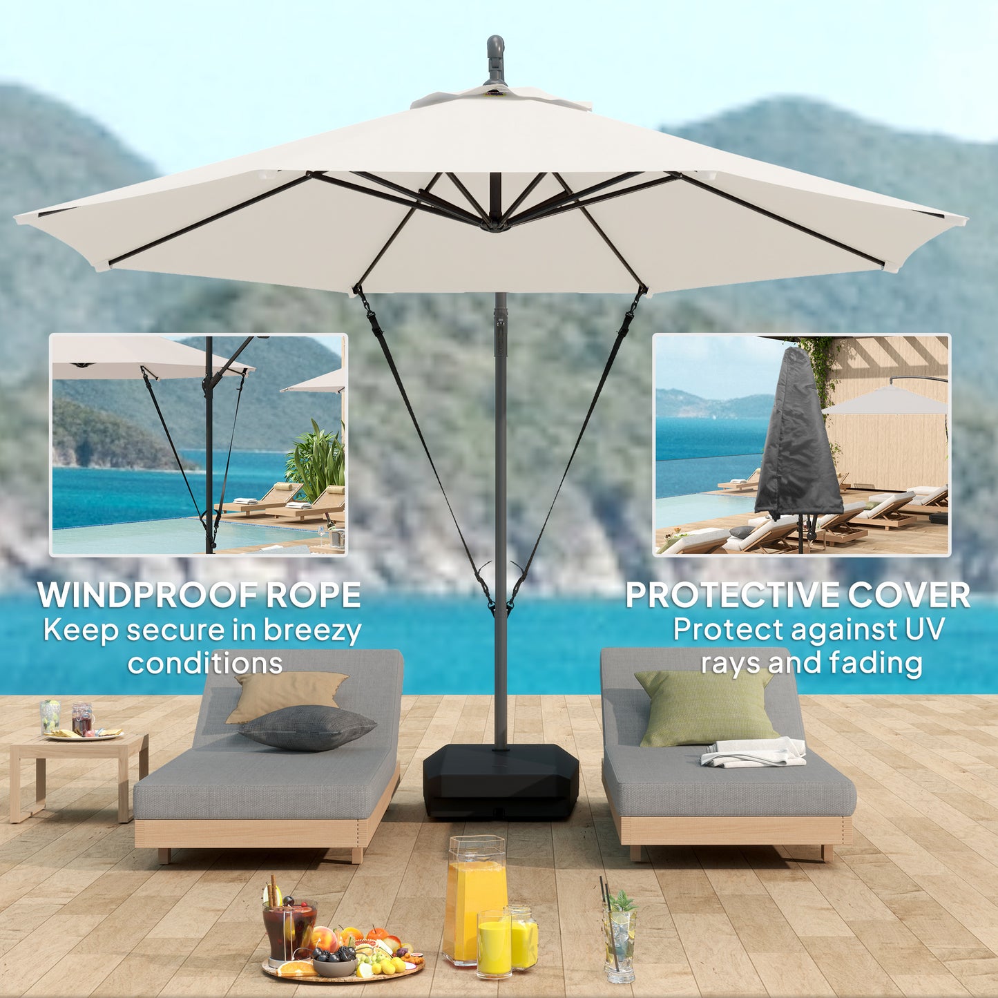 3(m) Garden Cantilever Parasol with Fillable Base up to 90kg, Wind Protection Strap, Cover