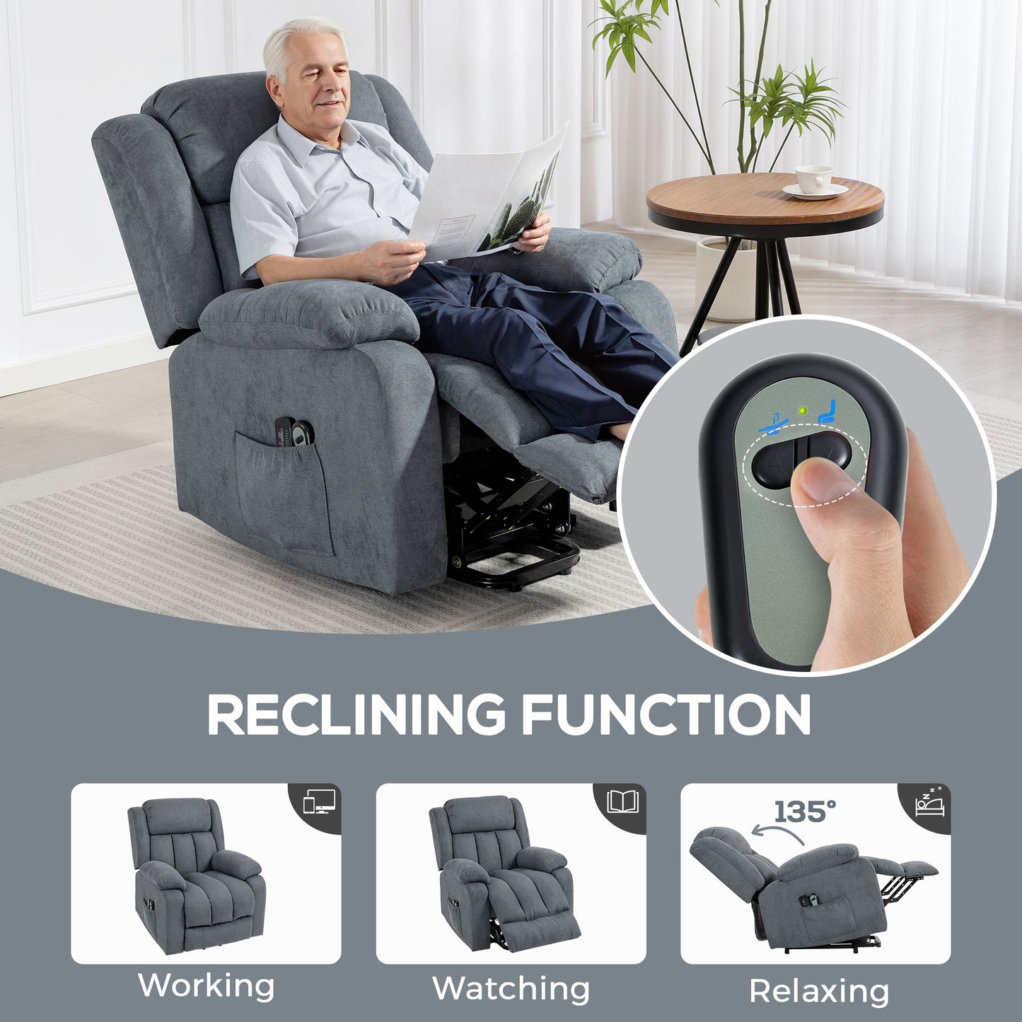 Power Lift Recliner Chair with Vibration Massage, Lift Chair for Elderly with Footrest, Remote, Side Pocket, Grey