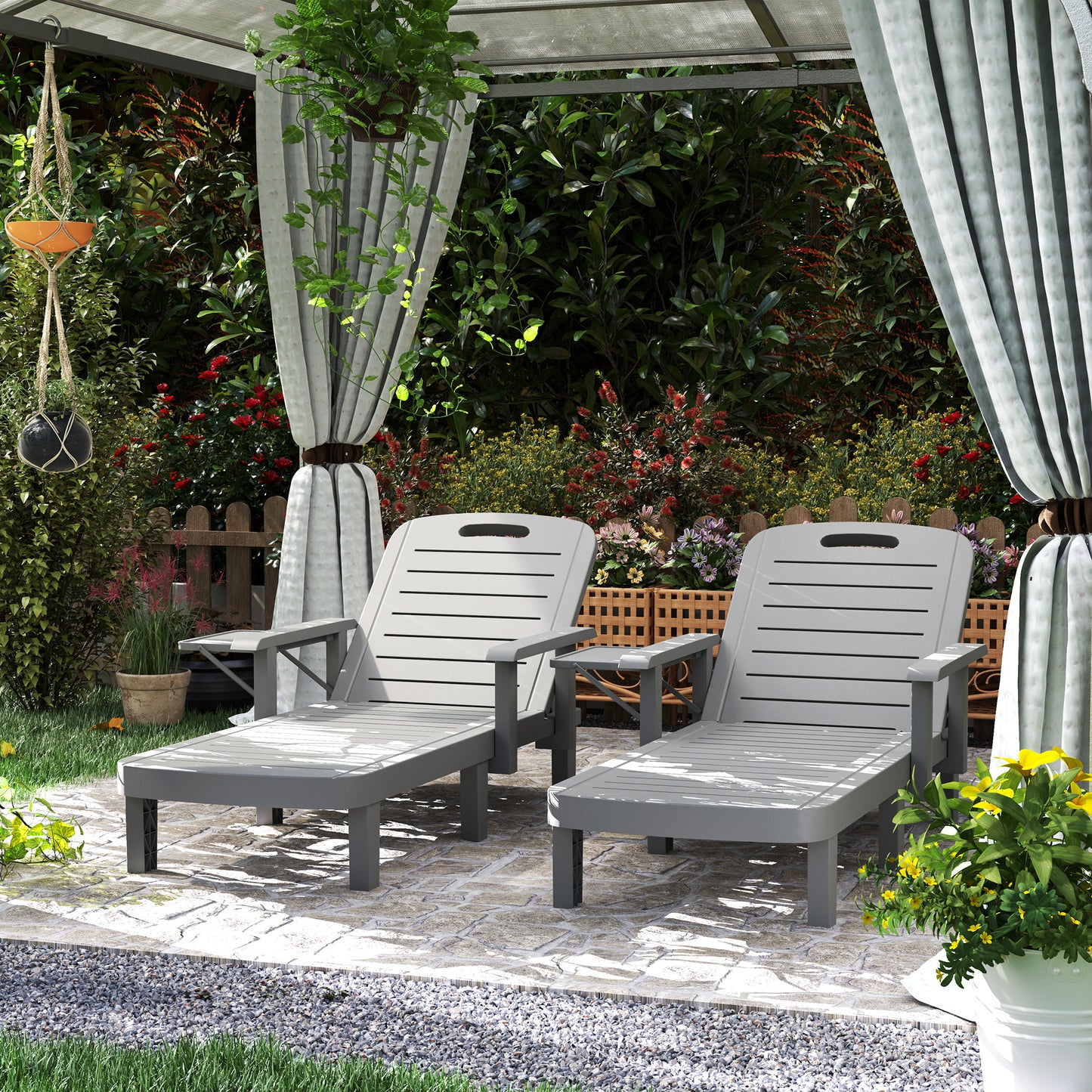 Set of 2 Reclining Sun Loungers, 5 Positions Adjustable Outdoor Chaise Lounge Chair with Armrests, Dark Grey