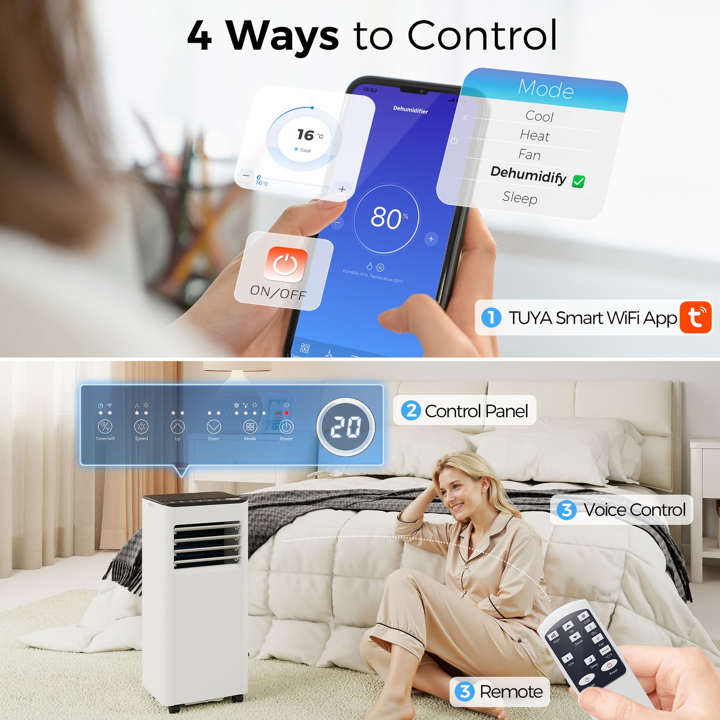 Portable Air Conditioner 7000 BTU, 4-in-1 AC Unit with Cool, Dehumidifier, Fan, Sleep Mode, WiFi Voice Remote Control