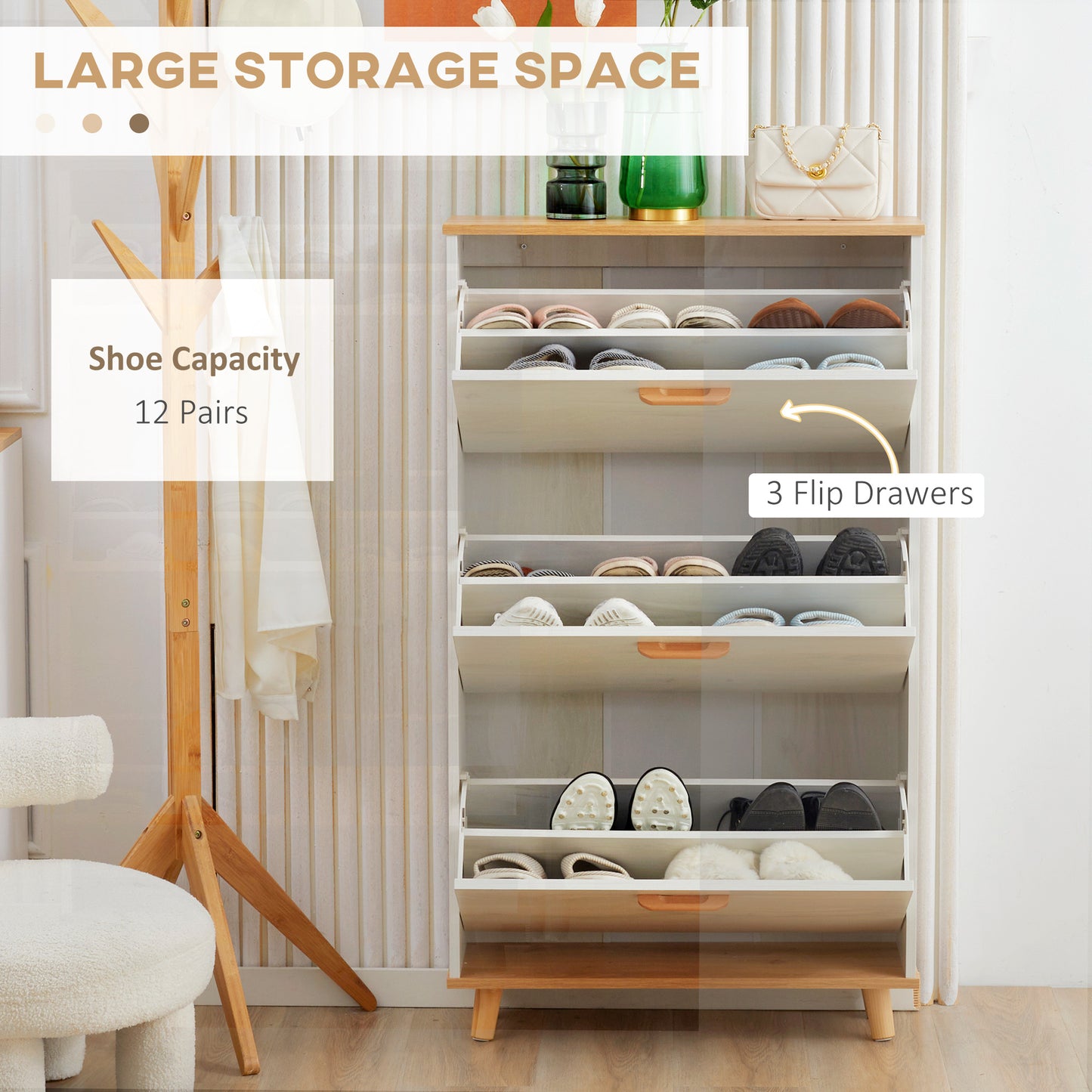 Narrow Shoe Cabinet, Slim Shoe Storage Cabinet with 3 Flip Drawers and Adjustable Shelves