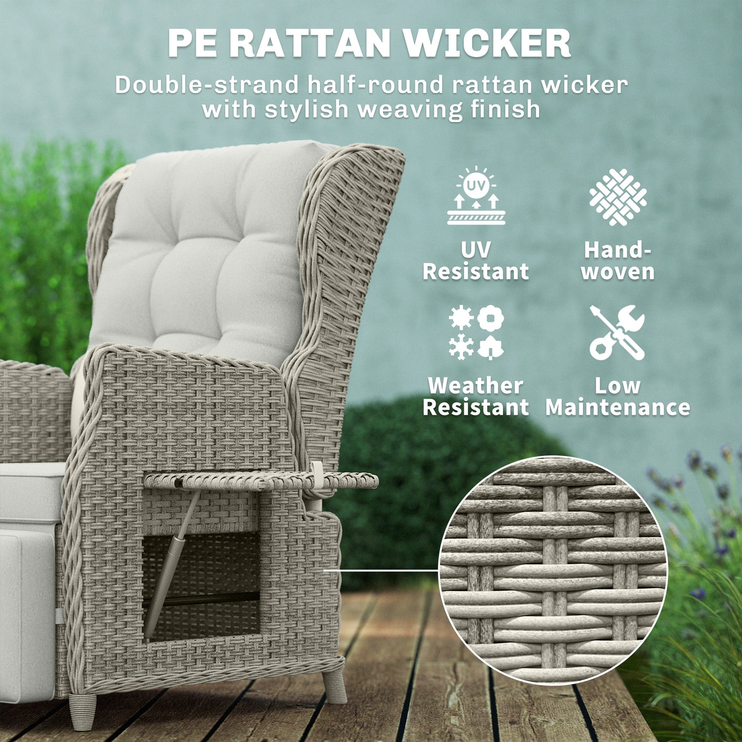 Rattan Garden Recliner Chair, Reclining Garden Chair with Adjustable Back and Footrest, Flip Table, Cushion, Light Grey