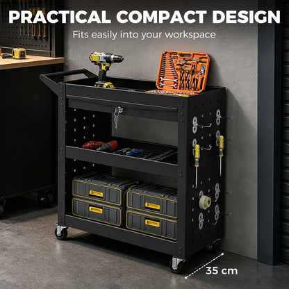 Tool Cart with Lockable Wheels, Rolling Workshop Cart with 3-Tier Trays, Drawer, Pegboards, Black
