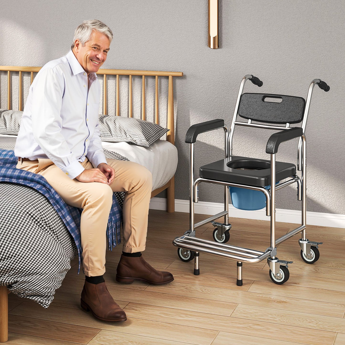 Transport Beside Shower Chair, 3-in-1 Commode Chair with Wheels and Padded Seat, Black
