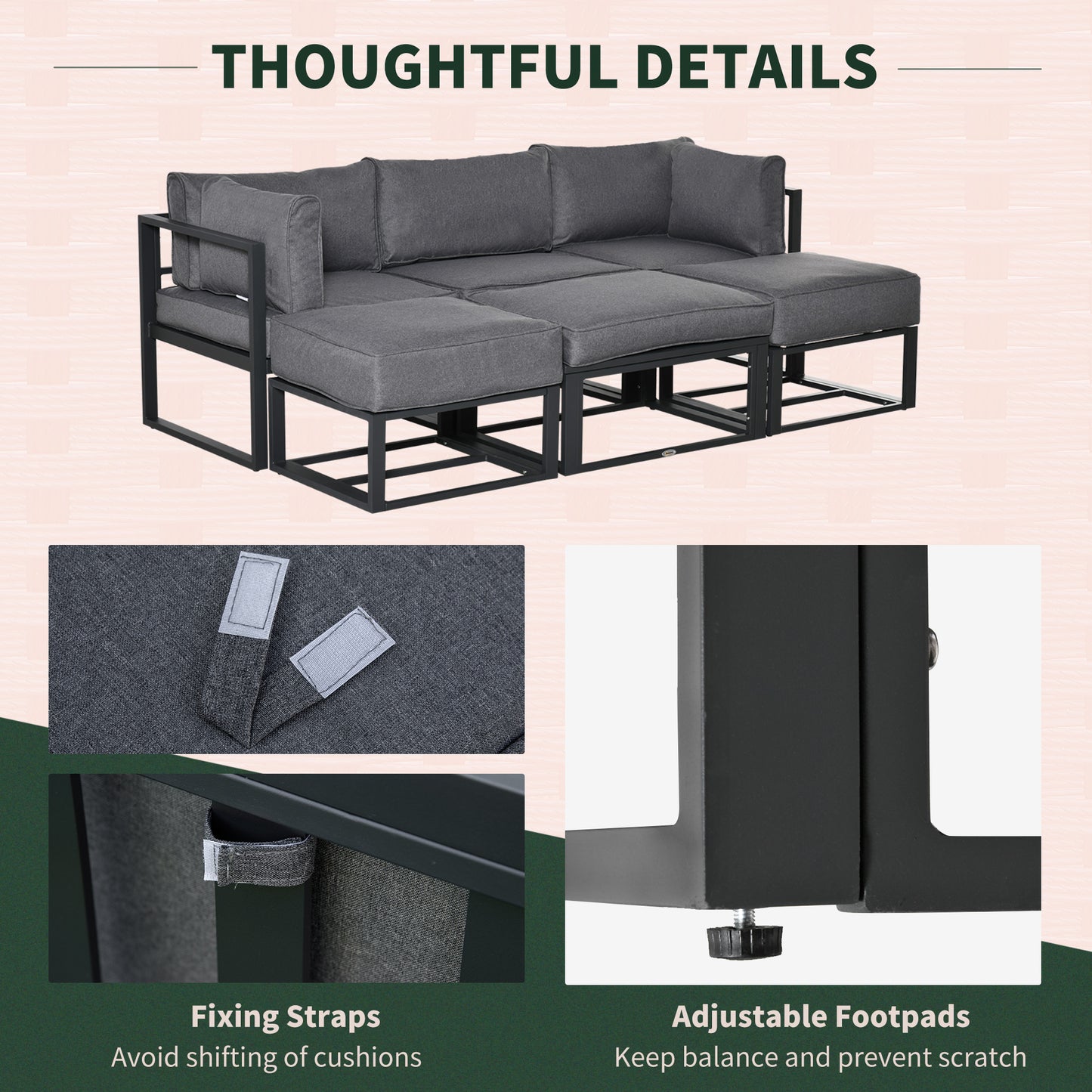 6 Piece Outdoor Couch, Sectional Sofa Set with Aluminum Patio Conversation Furniture, Grey