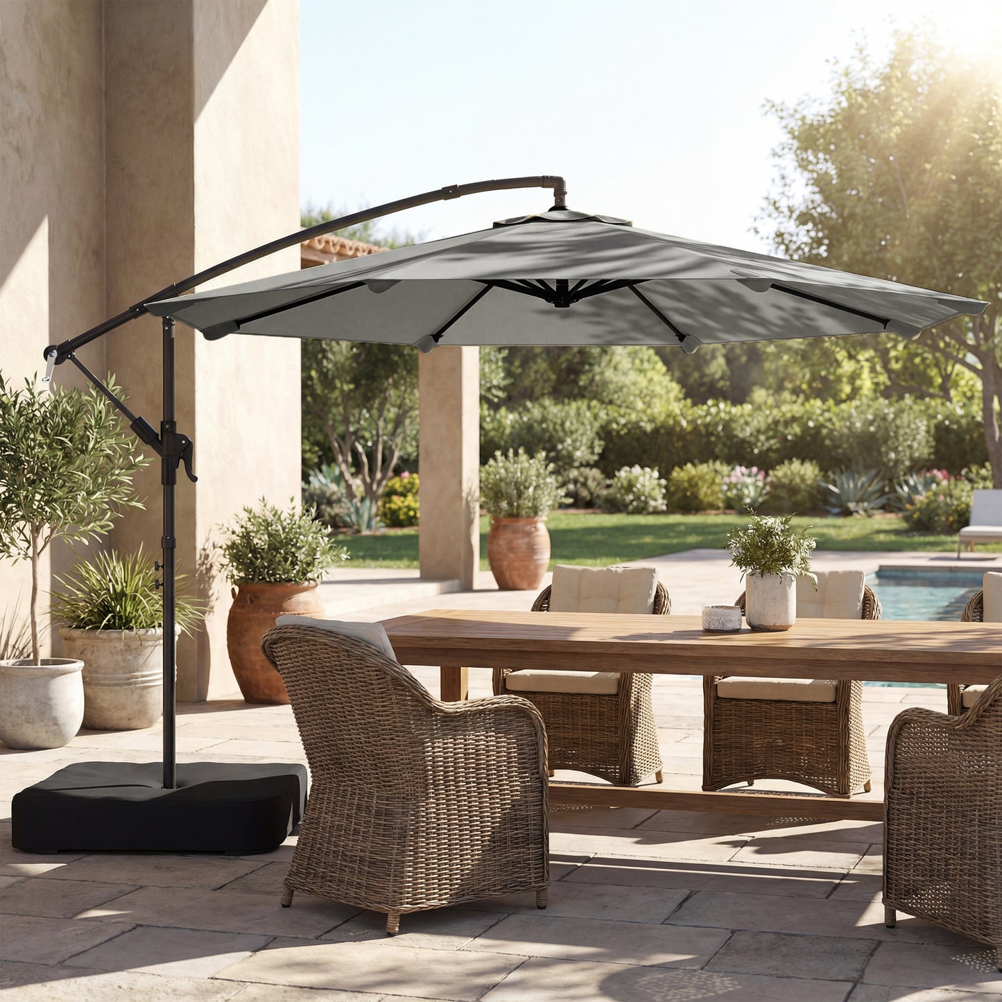 3 m Garden Cantilever Parasol with Cross Base, Sandbag, 360° Rotating Overhanging Banana Umbrella, Grey