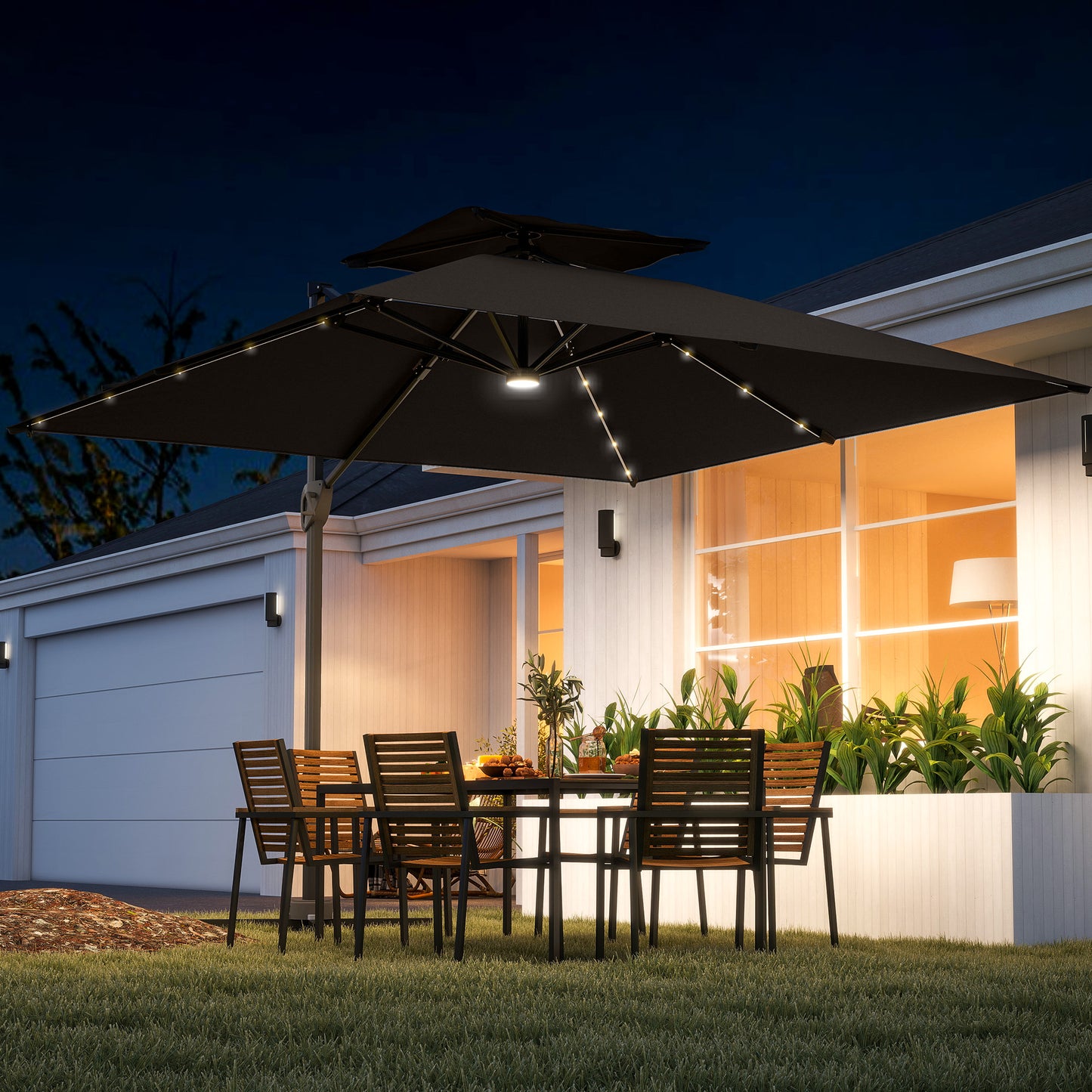 3.5x3 m Garden Cantilever Parasol with Solar LED Lights and Centre Light, Aluminium Large Square Patio Umbrella