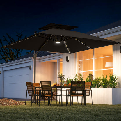 3.5x3 m Garden Cantilever Parasol with Solar LED Lights and Centre Light, Aluminium Large Square Patio Umbrella