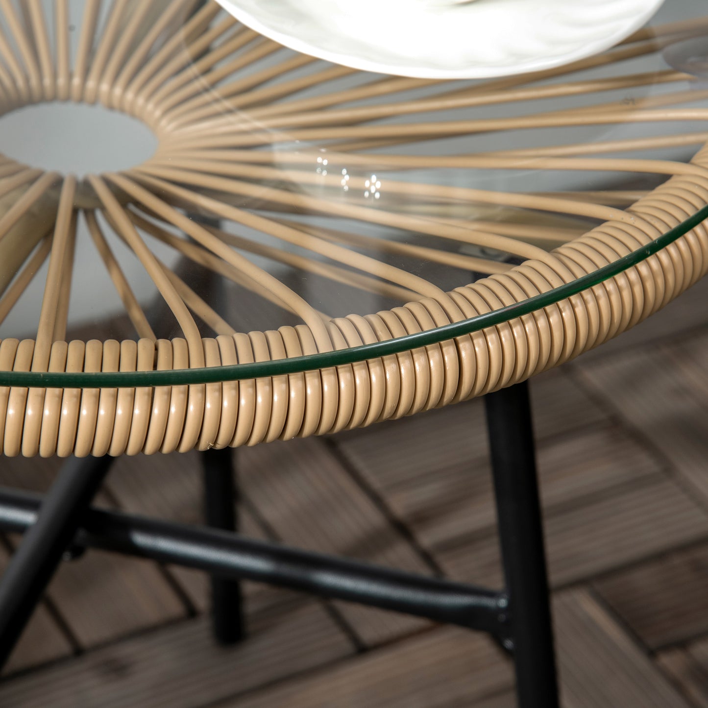 Rattan Side Table, Round Outdoor Coffee Table, with Round PE Rattan and Tempered Glass Tabletop for Patio, Garden, Balcony