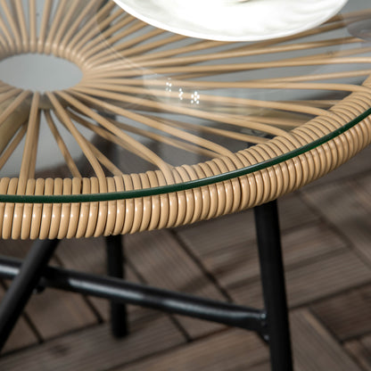 Rattan Side Table, Round Outdoor Coffee Table, with Round PE Rattan and Tempered Glass Tabletop for Patio, Garden, Balcony