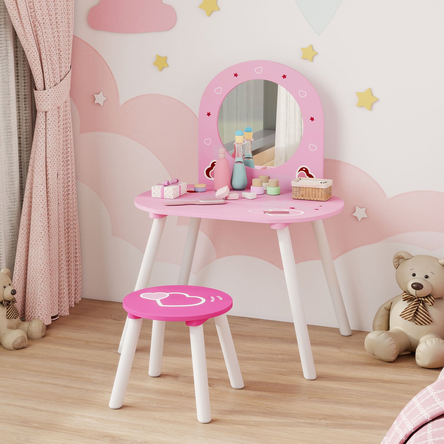 Kids Dressing Table with Mirror and Stool, Girls Vanity Set for Kids Room, Bedroom, Nursery, for Ages 3–6 Years, Pink