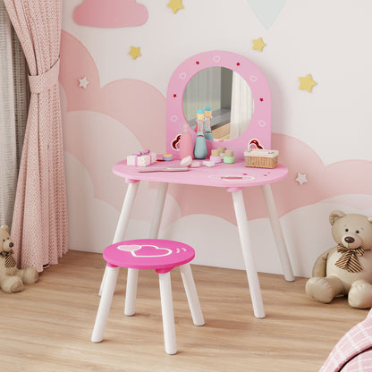Kids Dressing Table with Mirror and Stool, Girls Vanity Set for Kids Room, Bedroom, Nursery, for Ages 3–6 Years, Pink