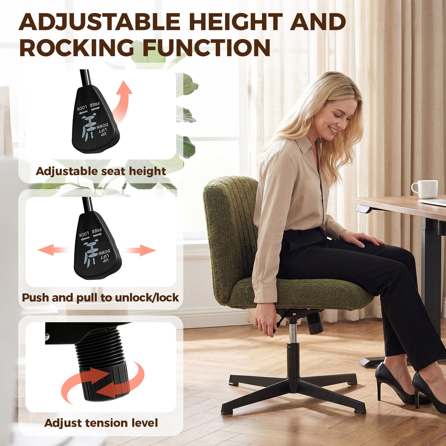 Teddy Fleece Criss Cross Legged Desk Chair, Armless Office Chair No Wheels, Green