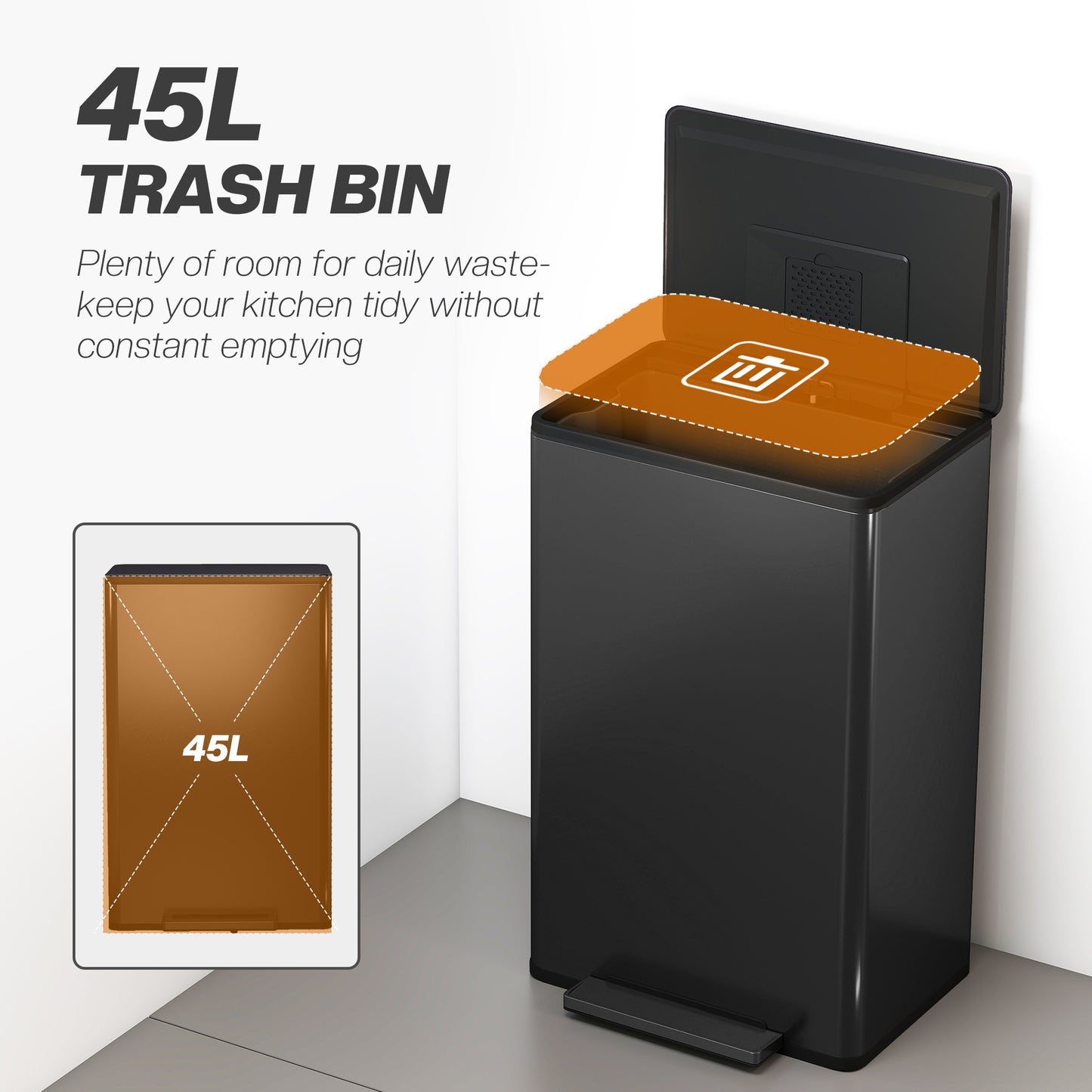 45L Kitchen Bin, Pedal Bin with Soft-Close and Stay-Open Lid, Removable Inner Bucket, Odor Control for Kitchen, Office