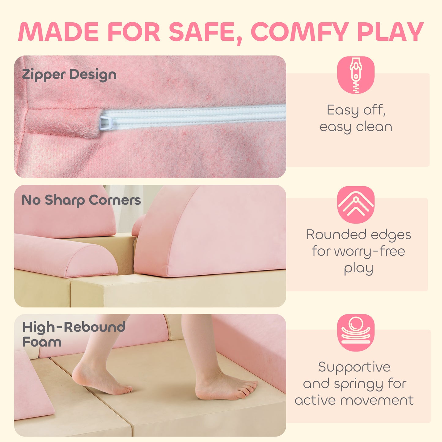 Kids Play Sofa, 12 Pieces Foam Modular Soft Play Set for Playroom, Children Convertible Sofa for Boys and Girls, Pink