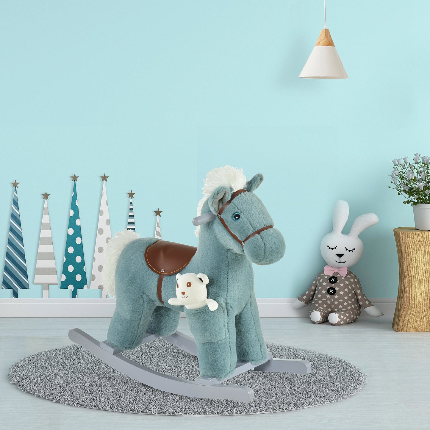 Plush Ride on Rocking Horse with Cuddle Toy Pocket - Blue