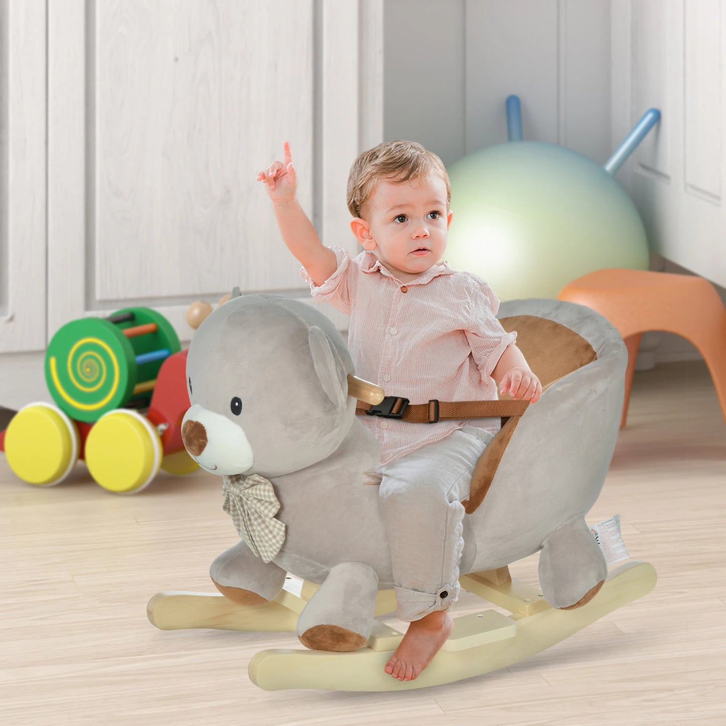 Toddlers Plush Teddy Bear Style Ride on Rocking Horse with Wooden Base and Bucket Seat