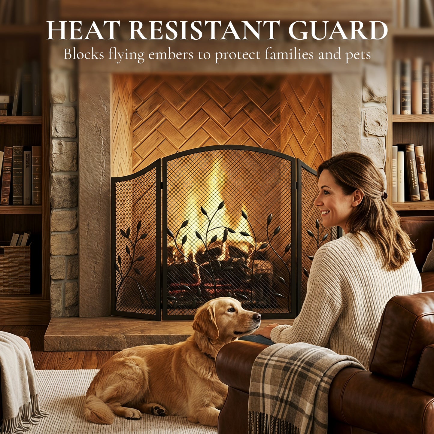 3-Panel Folding Fireplace Screen for Hearth Protection, Heat-Resistant Metal Fire Spark Guard, Black