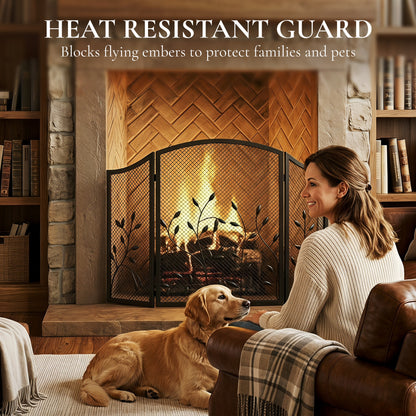 3-Panel Folding Fireplace Screen for Hearth Protection, Heat-Resistant Metal Fire Spark Guard, Black
