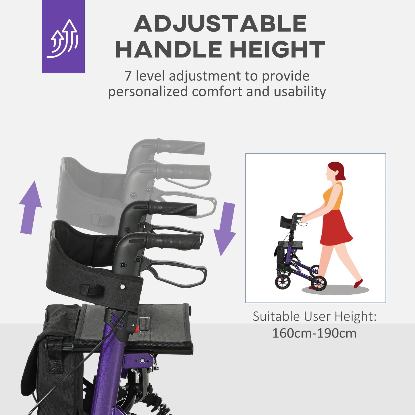 Folding Rollator Walker with Seat, Backrest, Lightweight Walking Frame with Storage Bag, Dual Brakes