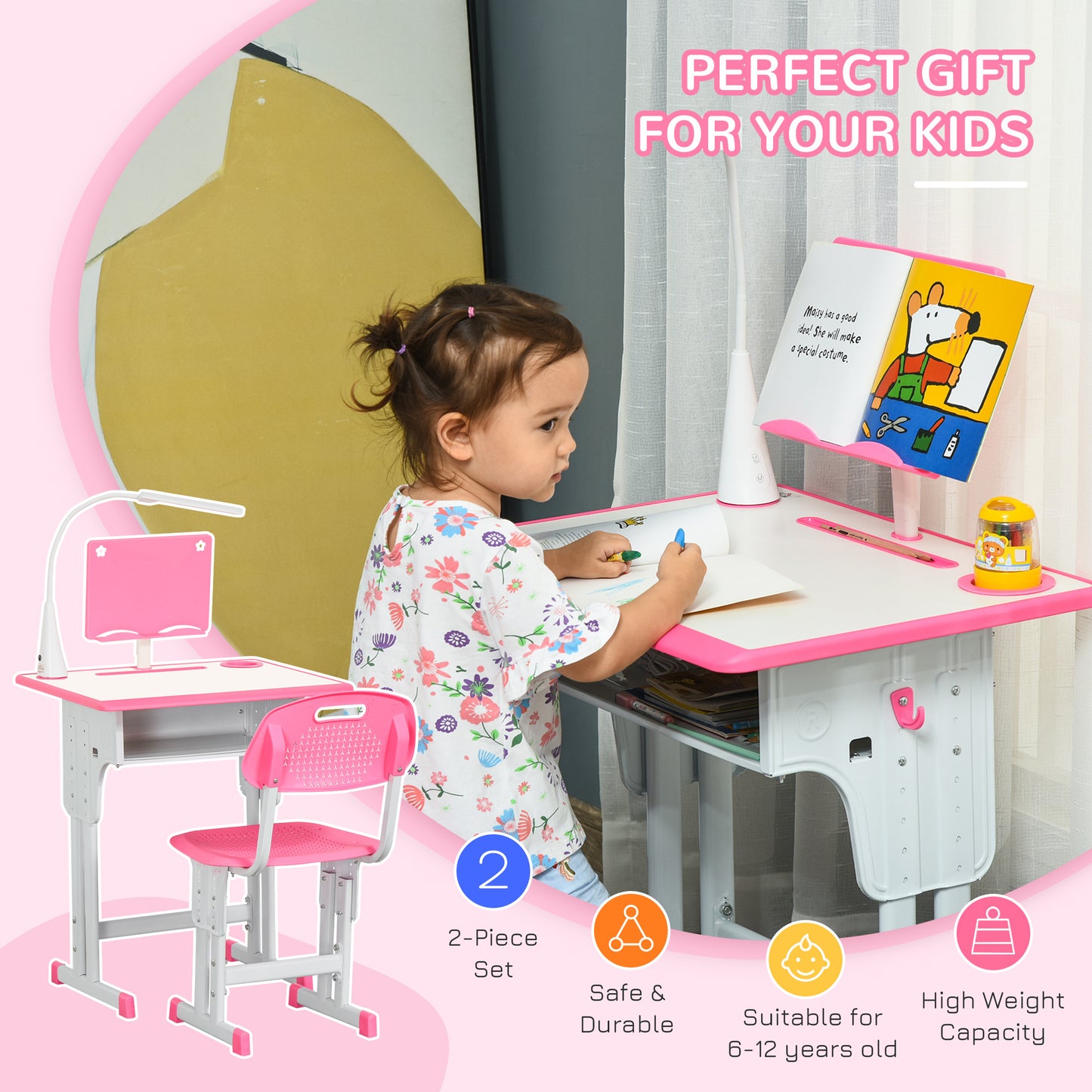 Kids Desk and Chair Set Adjustable Height Study Table Set with Drawer, Book Stand, Pen Slot - Pink