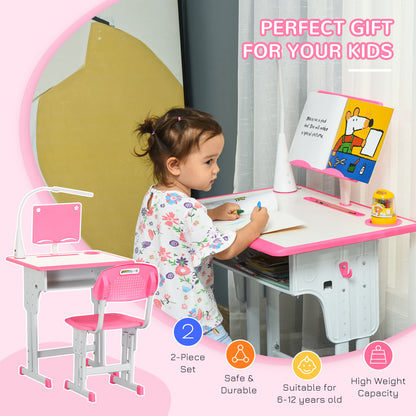 Kids Desk and Chair Set Adjustable Height Study Table Set with Drawer, Book Stand, Pen Slot - Pink