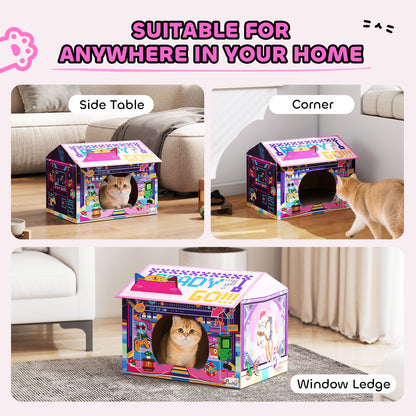 2 in 1 Gaming Style Cardboard Cat House with Scratching Board & Catnip for Indoor Cats, Pink