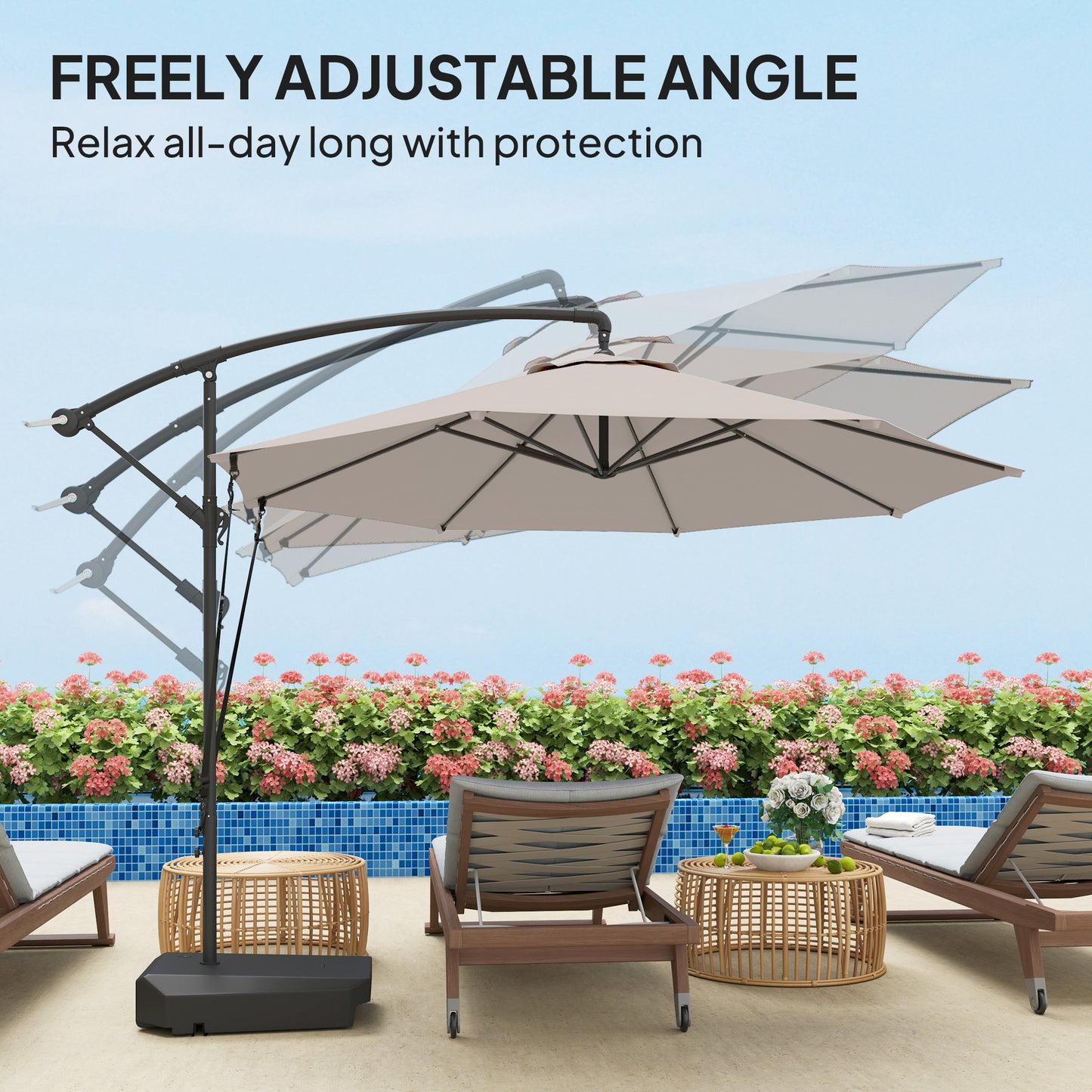 3(m) Garden Cantilever Parasol with Fillable Base up to 90kg, Wind Protection Strap, Cover