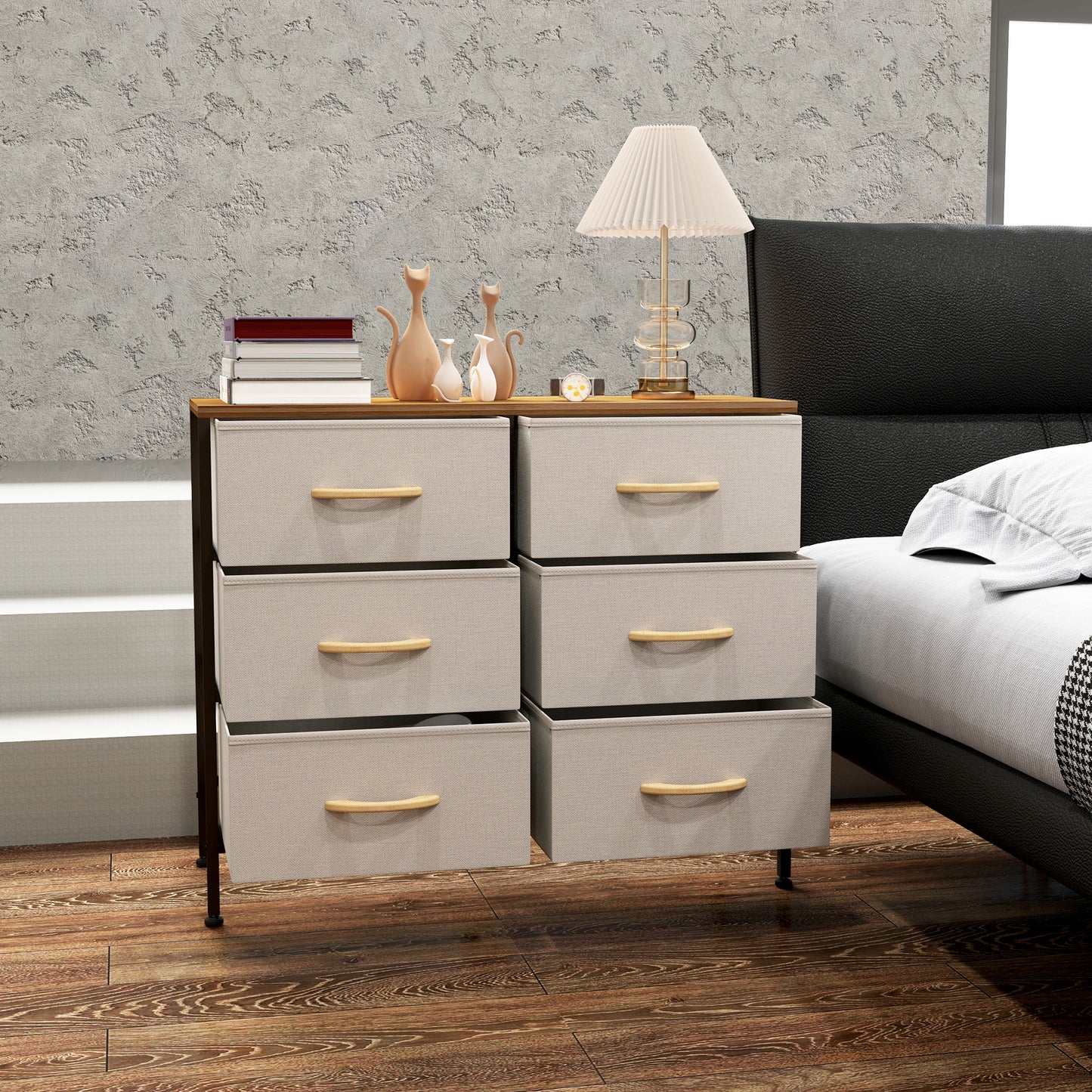 Fabric Chest of Drawers, Industrial Bedroom Dresser with 6 Fabric Drawers, Steel Frame and Wooden Top for Nursery