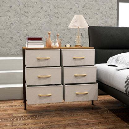 Fabric Chest of Drawers, Industrial Bedroom Dresser with 6 Fabric Drawers, Steel Frame and Wooden Top for Nursery