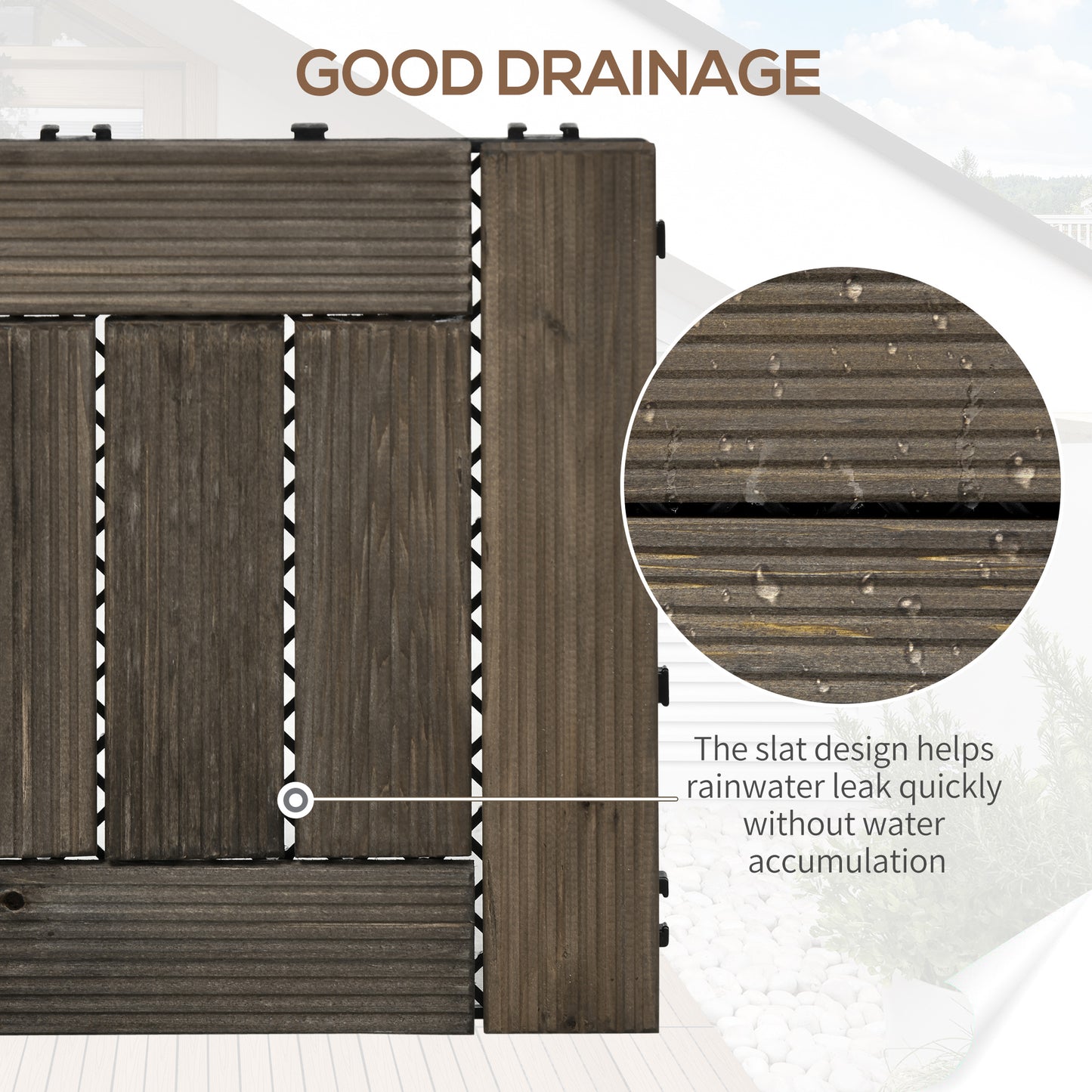 27 Pcs Wooden Interlocking Decking Tiles, 30 x 30 cm Outdoor Flooring Tiles, 2.5㎡ per Pack, for Patio, Balcony, Terrace