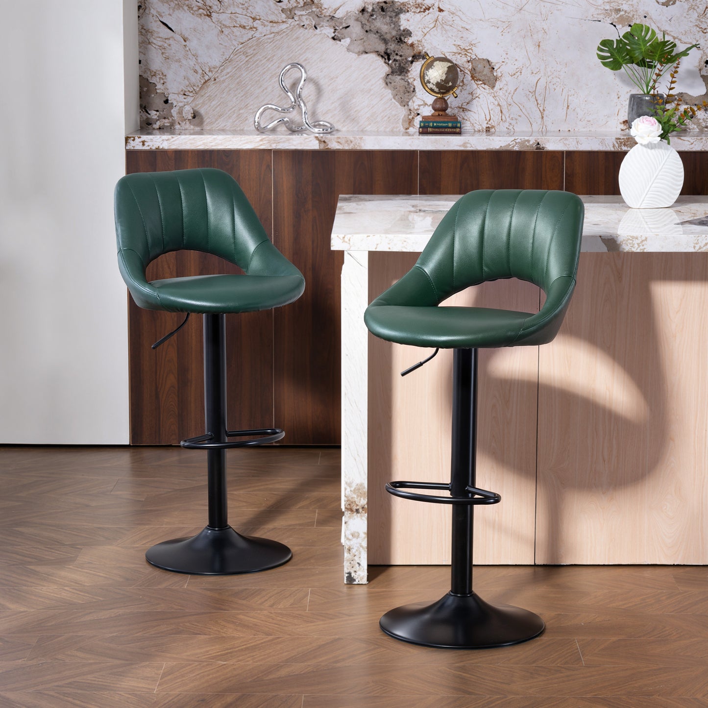 Set of Two Faux Leather Bar Stools - Dark Green