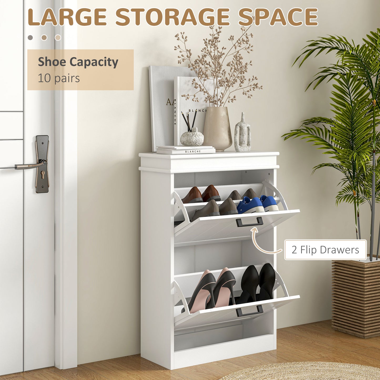 Two-Drawer Minimalistic 10-Shoe Cabinet - White