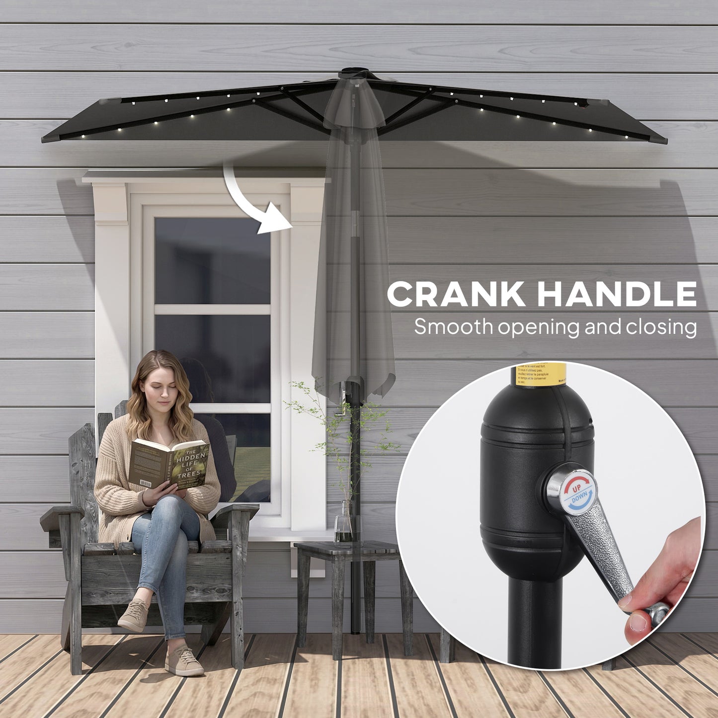 2.6 m Half Garden Parasol with Solar LED Lights, UPF50+ Semi Round Umbrella with 30° Tilt, Crank Handle, Dark Grey