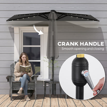 2.6 m Half Garden Parasol with Solar LED Lights, UPF50+ Semi Round Umbrella with 30° Tilt, Crank Handle, Dark Grey