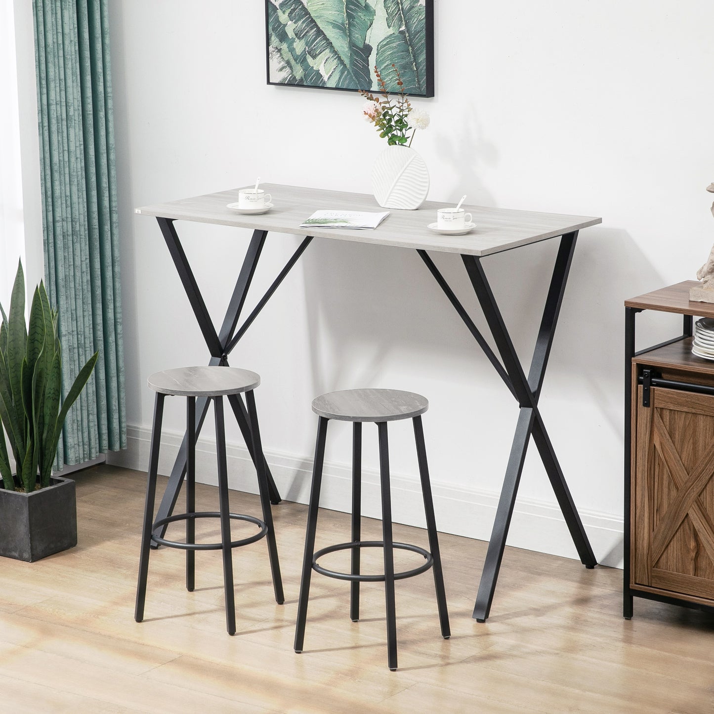 120 cm Rectangular Bar Table for 4 People, Modern Breakfast Bar Table with Wood Effect Tabletop, Steel Legs