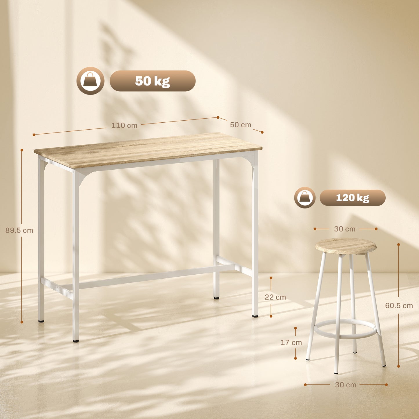 5 Piece Bar Table Set for 4 with Stools, Metal Frame, Footrest for Kitchen Natural Wood