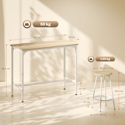 5 Piece Bar Table Set for 4 with Stools, Metal Frame, Footrest for Kitchen Natural Wood