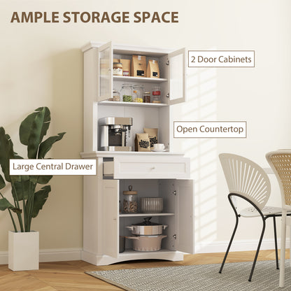 4-Door Kitchen Cupboard with Drawer, Freestanding Kitchen Cabinet with Glass Doors, Adjustable Shelves and Open Counter
