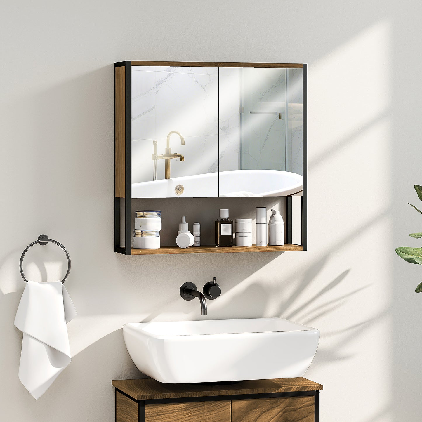 Bathroom Mirror Cabinet with Soft-Close Doors and Adjustable Shelf - Natural Wood Finish