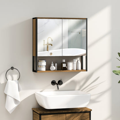 Bathroom Mirror Cabinet with Soft-Close Doors and Adjustable Shelf - Natural Wood Finish