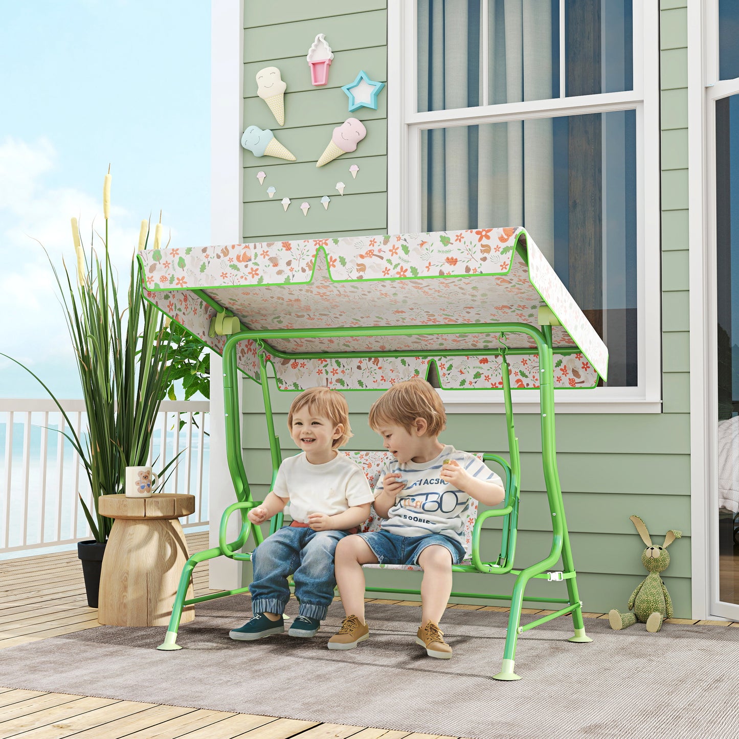 Kids Garden Swing Chair with Adjustable Canopy, Safety Belt, 2 Seater Hammock Swing Bench for Patio, Porch, Green