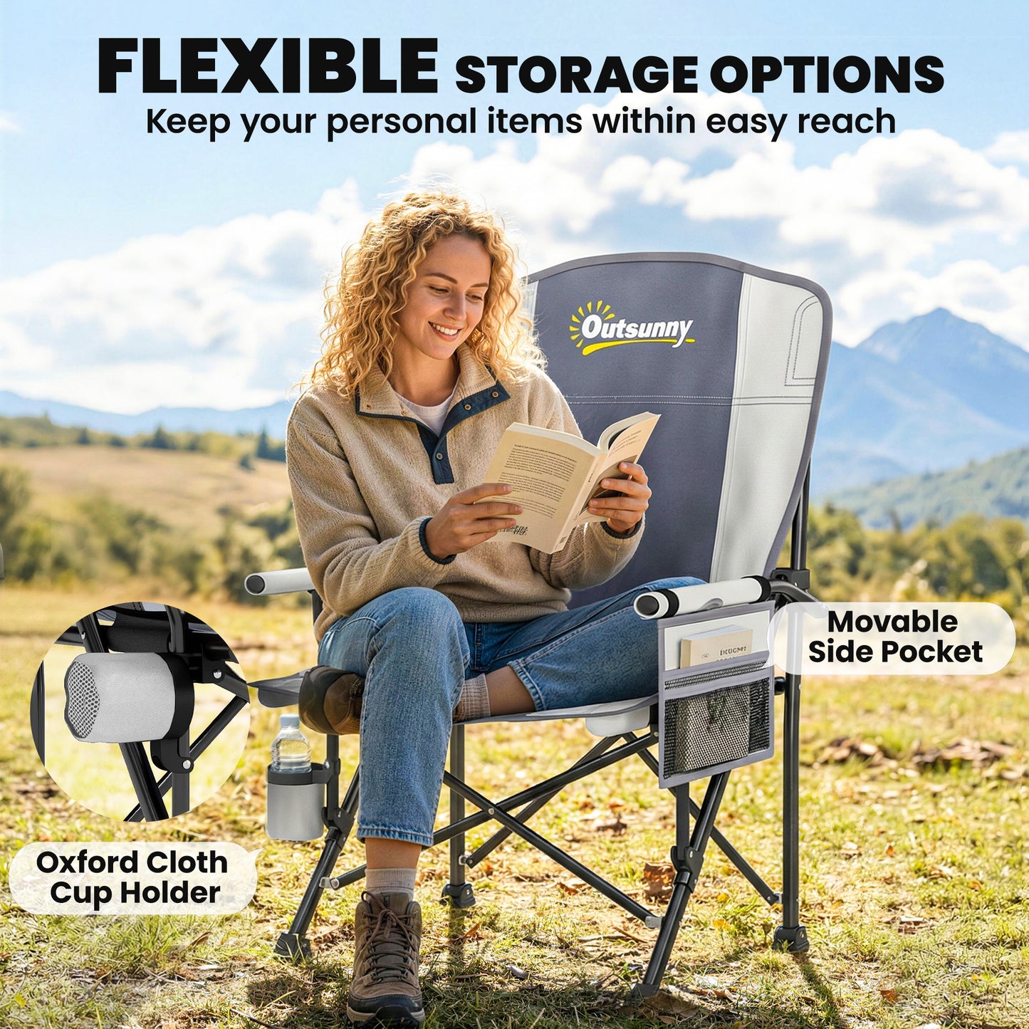 Padded Camping Chair Adults Heavy Duty Folding Chair Side Pocket Cup Holder Carry Bag Outdoor Light Grey